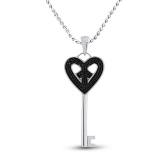 Diamond Key Pendant |  Sterling Silver Womens Round Black Color Enhanced Diamond Key Heart Pendant 1/10 Cttw |  Splendid Jewellery