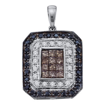Diamond Fashion Pendant |  14kt White Gold Womens Black Brown Diamond Rectangle Cluster Pendant 3/4 Cttw |  Splendid Jewellery