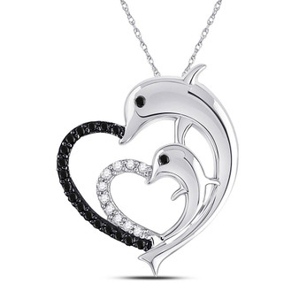 Diamond Animal & Bug Pendant |  10kt White Gold Womens Round Black Color Enhanced Diamond Dolphin Heart Pendant 1/8 Cttw |  Splendid Jewellery