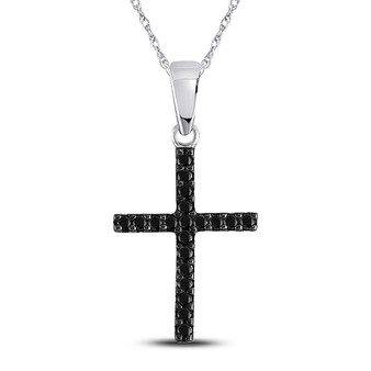 Diamond Cross Pendant |  10kt White Gold Womens Round Black Color Enhanced Diamond Cross Religious Pendant 1/5 Cttw |  Splendid Jewellery
