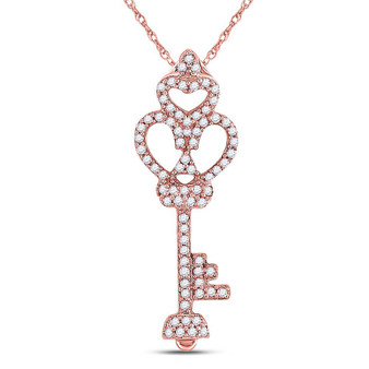 Diamond Key Pendant |  10kt Rose Gold Womens Round Diamond Trefoil Heart Key Pendant 1/5 Cttw |  Splendid Jewellery
