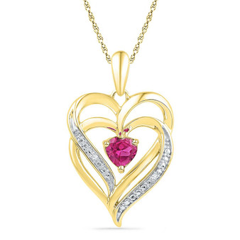 Gemstone Heart & Love Symbol Pendant |  10kt Yellow Gold Womens Round Lab-Created Pink Sapphire Double Heart Pendant .01 Cttw |  Splendid Jewellery