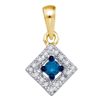 Diamond Fashion Pendant |  10kt Yellow Gold Womens Round Blue Color Enhanced Diamond Square Pendant 1/5 Cttw |  Splendid Jewellery