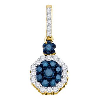 Diamond Cluster Pendant |  10kt Yellow Gold Womens Round Blue Color Enhanced Diamond Cluster Pendant 1/2 Cttw |  Splendid Jewellery