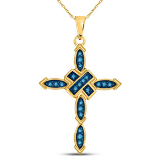 Diamond Cross Pendant |  10kt Yellow Gold Womens Round Blue Color Enhanced Diamond Cross Pendant 1/5 Cttw |  Splendid Jewellery