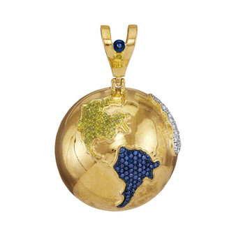 Men's Diamond Charm Pendant |  10kt Yellow Gold Mens Round Blue Color Enhanced Diamond Globe Earth Pendant 1 Cttw |  Splendid Jewellery