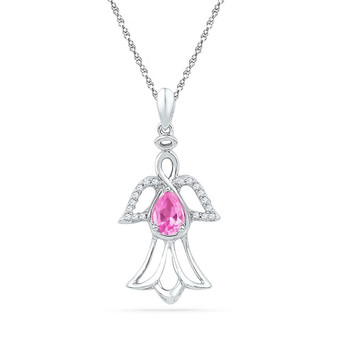 Gemstone Religious Pendant |  Sterling Silver Womens Oval Lab-Created Pink Sapphire Diamond Angel Pendant 5/8 Cttw |  Splendid Jewellery