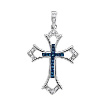 Diamond Cross Pendant |  Sterling Silver Womens Round Blue Color Enhanced Diamond Cross Pendant 1/10 Cttw |  Splendid Jewellery