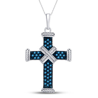 Diamond Cross Pendant |  Sterling Silver Womens Round Blue Color Enhanced Diamond Bound Roman Cross Pendant 1/4 Cttw |  Splendid Jewellery