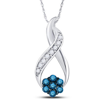 Diamond Cluster Pendant |  10kt White Gold Womens Round Blue Color Enhanced Diamond Cluster Twist Pendant 1/6 Cttw |  Splendid Jewellery