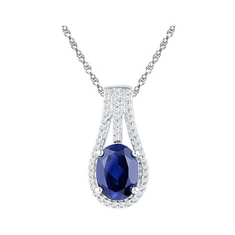 Gemstone Fashion Pendant |  10kt White Gold Womens Oval Lab-Created Blue Sapphire Solitaire Diamond Pendant 1-3/4 Cttw |  Splendid Jewellery
