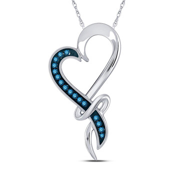 Diamond Heart & Love Symbol Pendant |  10kt White Gold Womens Round Blue Color Enhanced Diamond Heart Pendant 1/10 Cttw |  Splendid Jewellery