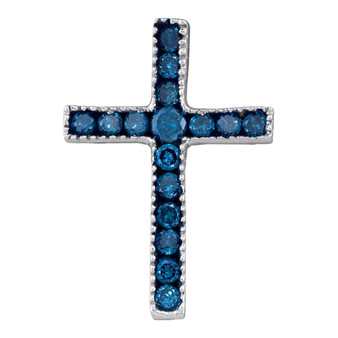 Diamond Cross Pendant |  10kt White Gold Womens Round Blue Color Enhanced Diamond Small Cross Pendant 1/6 Cttw |  Splendid Jewellery