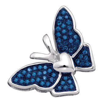 Diamond Animal & Bug Pendant |  10kt White Gold Womens Round Blue Color Enhanced Diamond Butterfly Bug Pendant 1/6 Cttw |  Splendid Jewellery