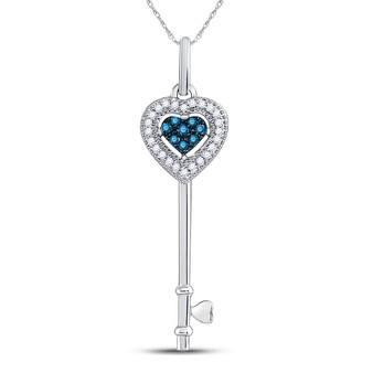 Diamond Key Pendant |  10kt White Gold Womens Round Blue Color Enhanced Diamond Key Love Pendant 1/10 Cttw |  Splendid Jewellery