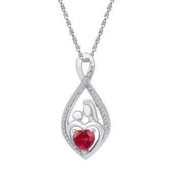 Gemstone Heart & Love Symbol Pendant |  Sterling Silver Womens Round Lab-Created Ruby Mom Mother Child Diamond Pendant 3/4 Cttw |  Splendid Jewellery