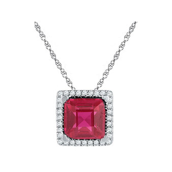 Gemstone Fashion Pendant |  10kt White Gold Womens Cushion Lab-Created Ruby Solitaire Diamond Pendant 1-7/8 Cttw |  Splendid Jewellery
