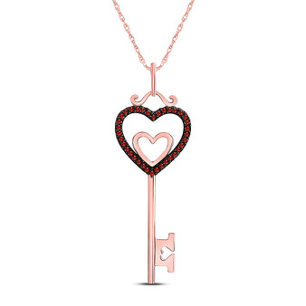 Diamond Key Pendant |  10kt Rose Gold Womens Round Red Color Enhanced Diamond Heart Key Pendant 1/10 Cttw |  Splendid Jewellery