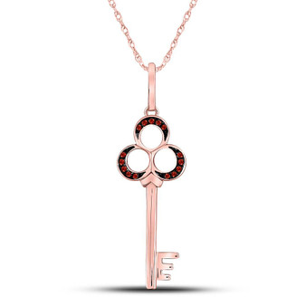 Diamond Key Pendant |  10kt Rose Gold Womens Round Red Color Enhanced Diamond Trefoil Key Pendant 1/20 Cttw |  Splendid Jewellery