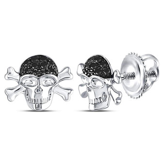 Men's Diamond Earrings |  Sterling Silver Black Color Enhanced Diamond Pirate Skull Crossbones Earrings 1/10 Cttw |  Splendid Jewellery