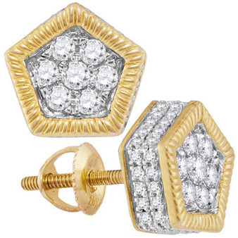 Men's Diamond Earrings |  10kt Yellow Gold Mens Round Diamond Polygon Fluted Cluster Stud Earrings 7/8 Cttw |  Splendid Jewellery