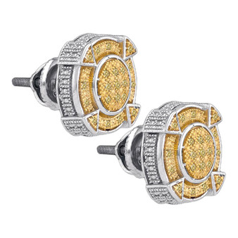 Men's Diamond Earrings |  Sterling Silver Mens Round Yellow Color Enhanced Diamond Cluster Earrings 1/6 Cttw |  Splendid Jewellery