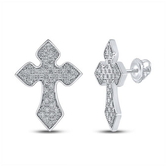 Men's Diamond Earrings |  Sterling Silver Mens Round Diamond Flared Cross Crucifix Stud Earrings 1/5 Cttw |  Splendid Jewellery