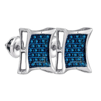 Men's Diamond Earrings |  Sterling Silver Mens Round Blue Color Enhanced Diamond Square Kite Earrings 1/6 Cttw |  Splendid Jewellery