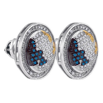 Men's Diamond Earrings |  Sterling Silver Mens Round Blue Yellow Color Enhanced Diamond Circle Stud Earrings 3/4 Cttw |  Splendid Jewellery