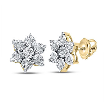 Earrings |  Yellow-tone Sterling Silver Womens Round Diamond Illusion Flower Cluster Earrings 1/8 Cttw |  Splendid Jewellery
