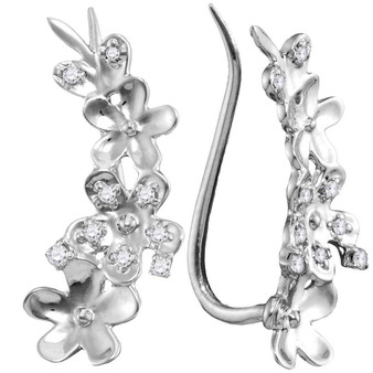 Earrings |  10kt White Gold Womens Round Diamond Floral Climber Earrings 1/10 Cttw |  Splendid Jewellery