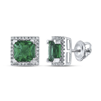 Earrings |  Sterling Silver Womens Princess Lab-Created Emerald Solitaire Stud Earrings 1-3/4 Cttw |  Splendid Jewellery