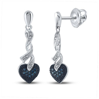 Earrings |  Sterling Silver Womens Round Blue Color Enhanced Diamond Heart Dangle Earrings 1/5 Cttw |  Splendid Jewellery