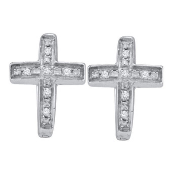 Earrings |  Sterling Silver Womens Round Diamond Cross Huggie Hoop Earrings 1/20 Cttw |  Splendid Jewellery