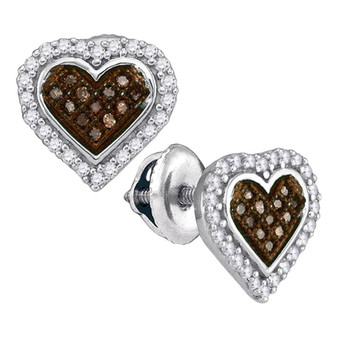 Earrings |  10kt White Gold Womens Round Brown Diamond Heart Cluster Earrings 1/4 Cttw |  Splendid Jewellery