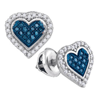 Earrings |  10kt White Gold Womens Round Blue Color Enhanced Diamond Heart Stud Earrings 1/4 Cttw |  Splendid Jewellery