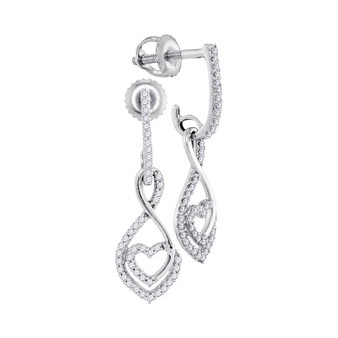 Earrings |  10kt White Gold Womens Round Diamond Heart Dangle Earrings 1/4 Cttw |  Splendid Jewellery