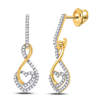 Earrings |  10kt Yellow Gold Womens Round Diamond Heart Dangle Earrings 1/4 Cttw |  Splendid Jewellery
