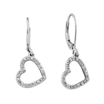 Earrings |  14kt White Gold Womens Round Diamond Heart Dangle Earrings 1/20 Cttw |  Splendid Jewellery