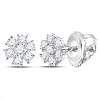 Earrings |  14kt White Gold Womens Round Diamond Flower Cluster Burst Earrings 1/8 Cttw |  Splendid Jewellery