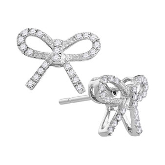 Earrings |  10kt White Gold Womens Round Diamond Ribbon Bow Fashion Earrings 1/5 Cttw |  Splendid Jewellery