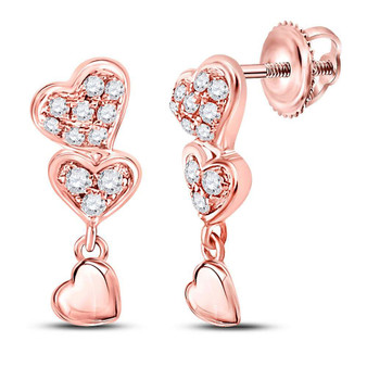 Earrings |  14kt Rose Gold Womens Round Diamond Triple Heart Dangle Earrings 1/6 Cttw |  Splendid Jewellery