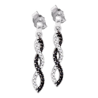 Earrings |  14kt White Gold Womens Round Black Color Enhanced Diamond Twist Dangle Earrings 1/6 Cttw |  Splendid Jewellery
