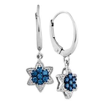 Earrings |  10kt White Gold Womens Round Blue Color Enhanced Diamond Dangle Earrings 1/4 Cttw |  Splendid Jewellery