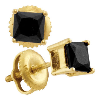 Earrings |  14kt Yellow Gold Womens Princess Black Color Enhanced Diamond Stud Earrings 1 Cttw |  Splendid Jewellery