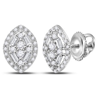 Earrings |  14kt White Gold Womens Round Baguette Diamond Oval Cluster Earrings 1/3 Cttw |  Splendid Jewellery