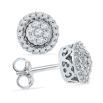 Earrings |  10kt White Gold Womens Round Diamond Flower Cluster Earrings 1/4 Cttw |  Splendid Jewellery