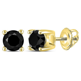 Earrings |  14kt Yellow Gold Unisex Round Black Color Enhanced Diamond Solitaire Stud Earrings 1 Cttw |  Splendid Jewellery