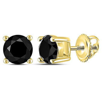 Earrings |  10kt Yellow Gold Womens Round Black Color Enhanced Diamond Solitaire Earrings 1-1/2 Cttw |  Splendid Jewellery