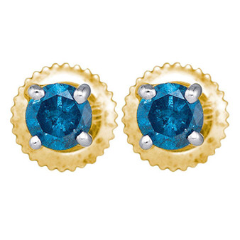 Earrings |  10kt Yellow Gold Womens Round Blue Color Enhanced Diamond Solitaire Stud Earrings 1/4 Cttw |  Splendid Jewellery